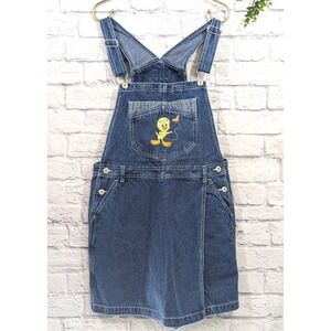 🥰VNTG Looney Tunes Tweety Overalls Shortalls Skort Womens L Denim Jeans Embroid